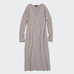 Merino Blend Fitted V-Neck Long-Sleeve Dress
